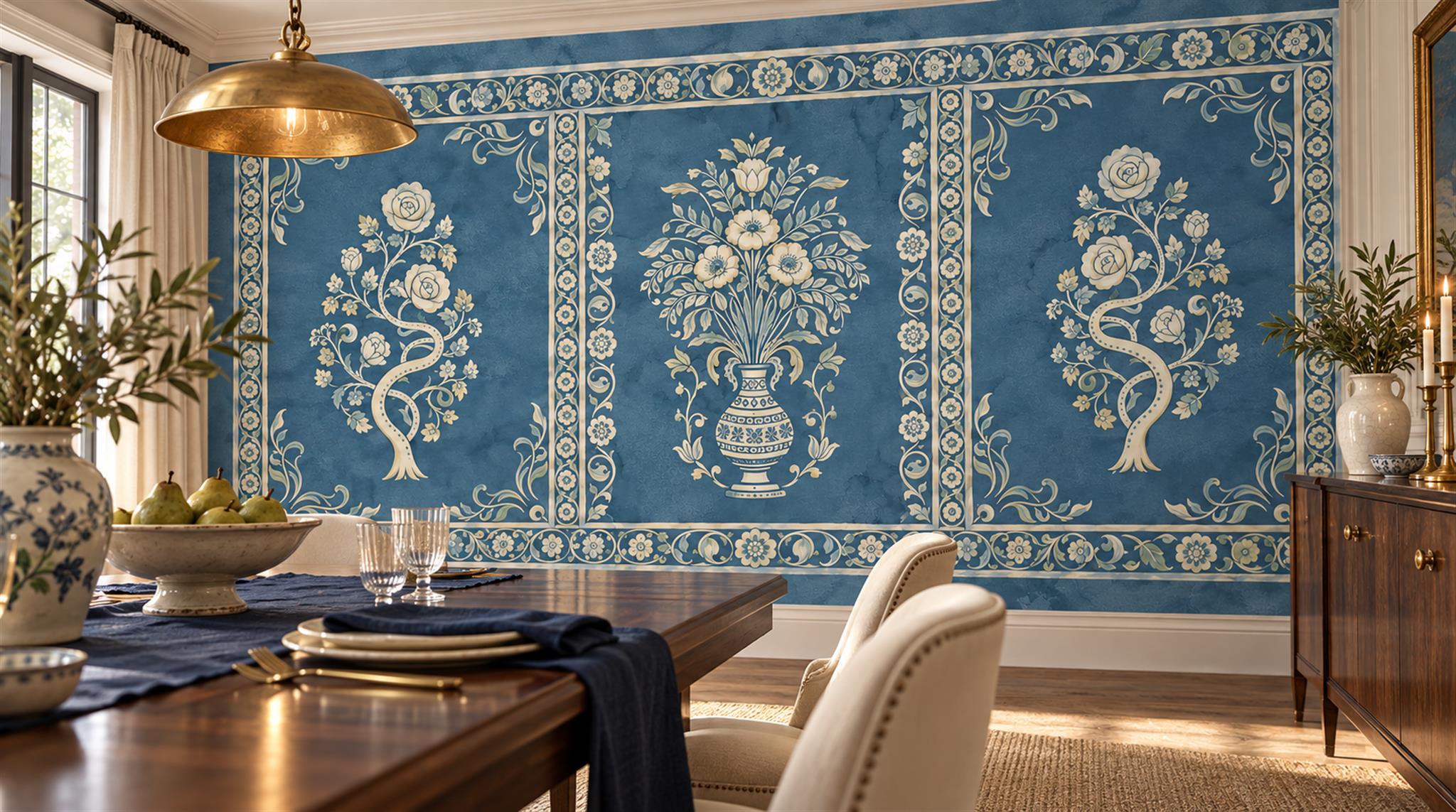 Blue Damask Patterning Wallpaper Mural Scene