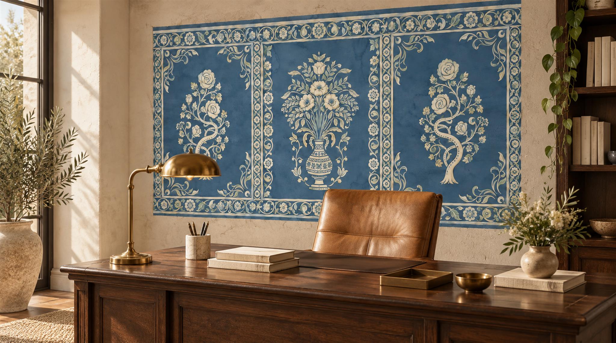 Blue Damask Patterning Wallpaper Mural Scene