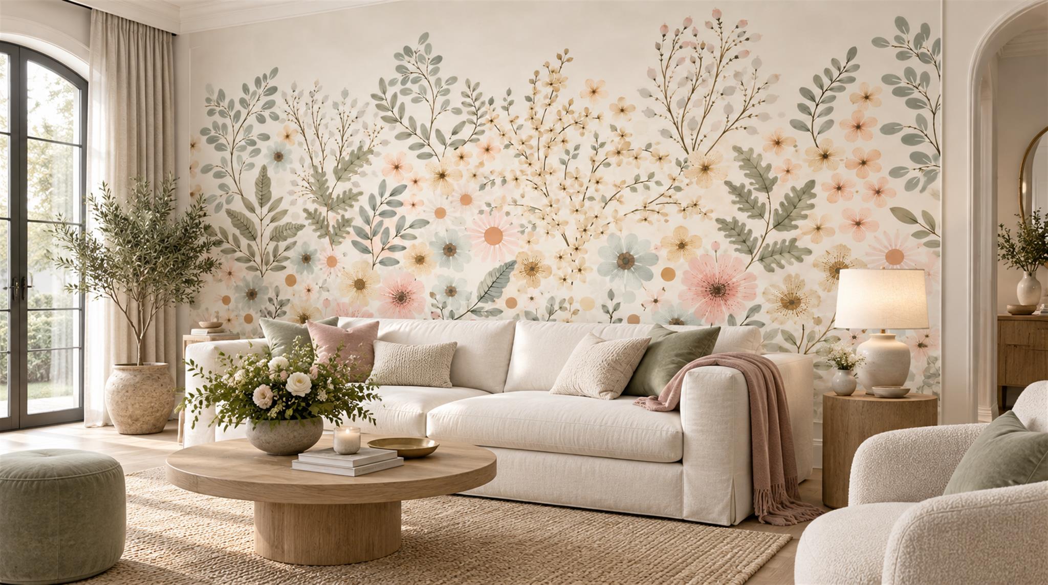 Ivory Floral Patterning Wallpaper Mural Scene