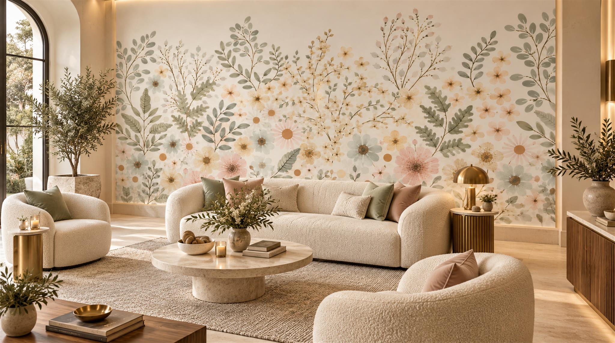 Ivory Floral Patterning Wallpaper Mural Scene
