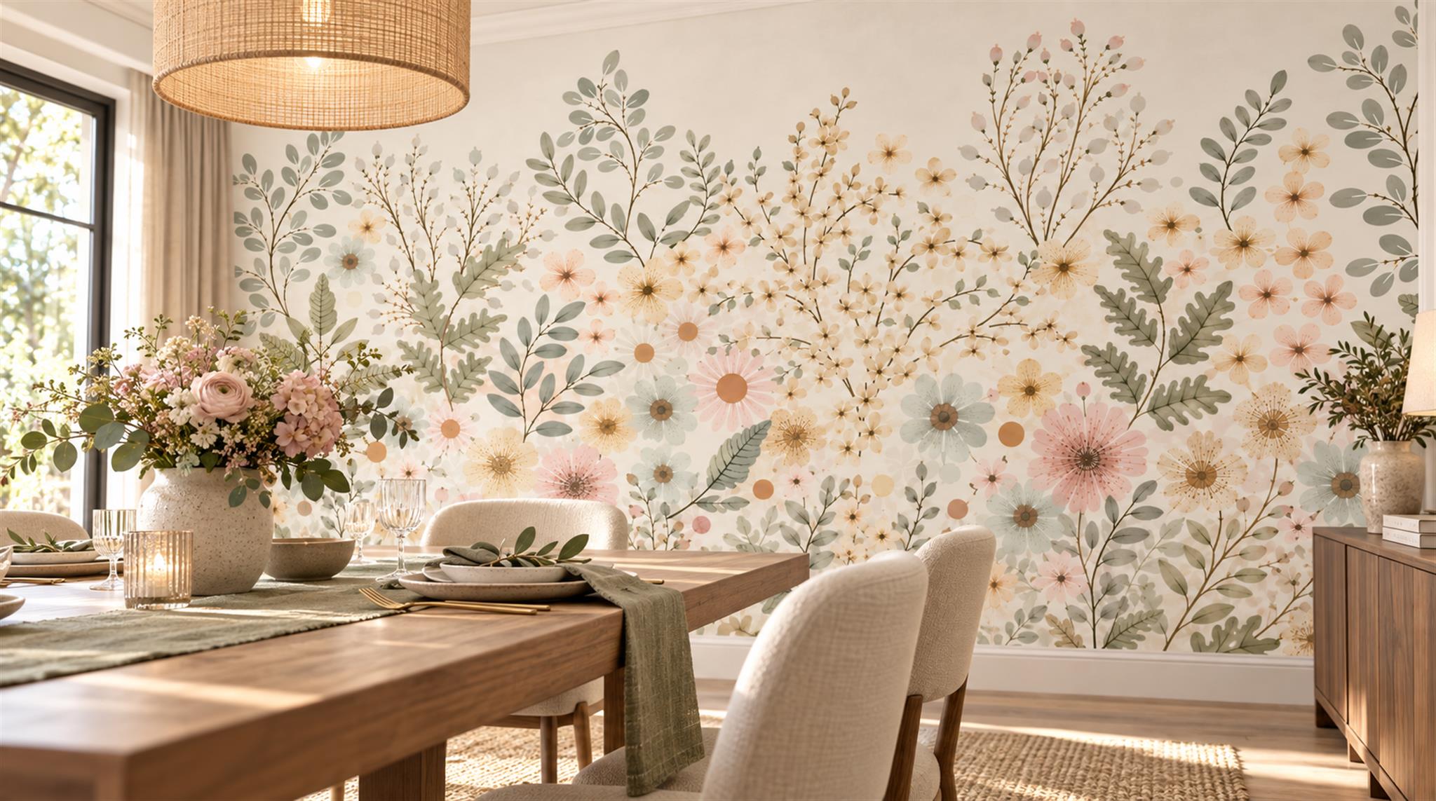 Ivory Floral Patterning Wallpaper Mural Scene