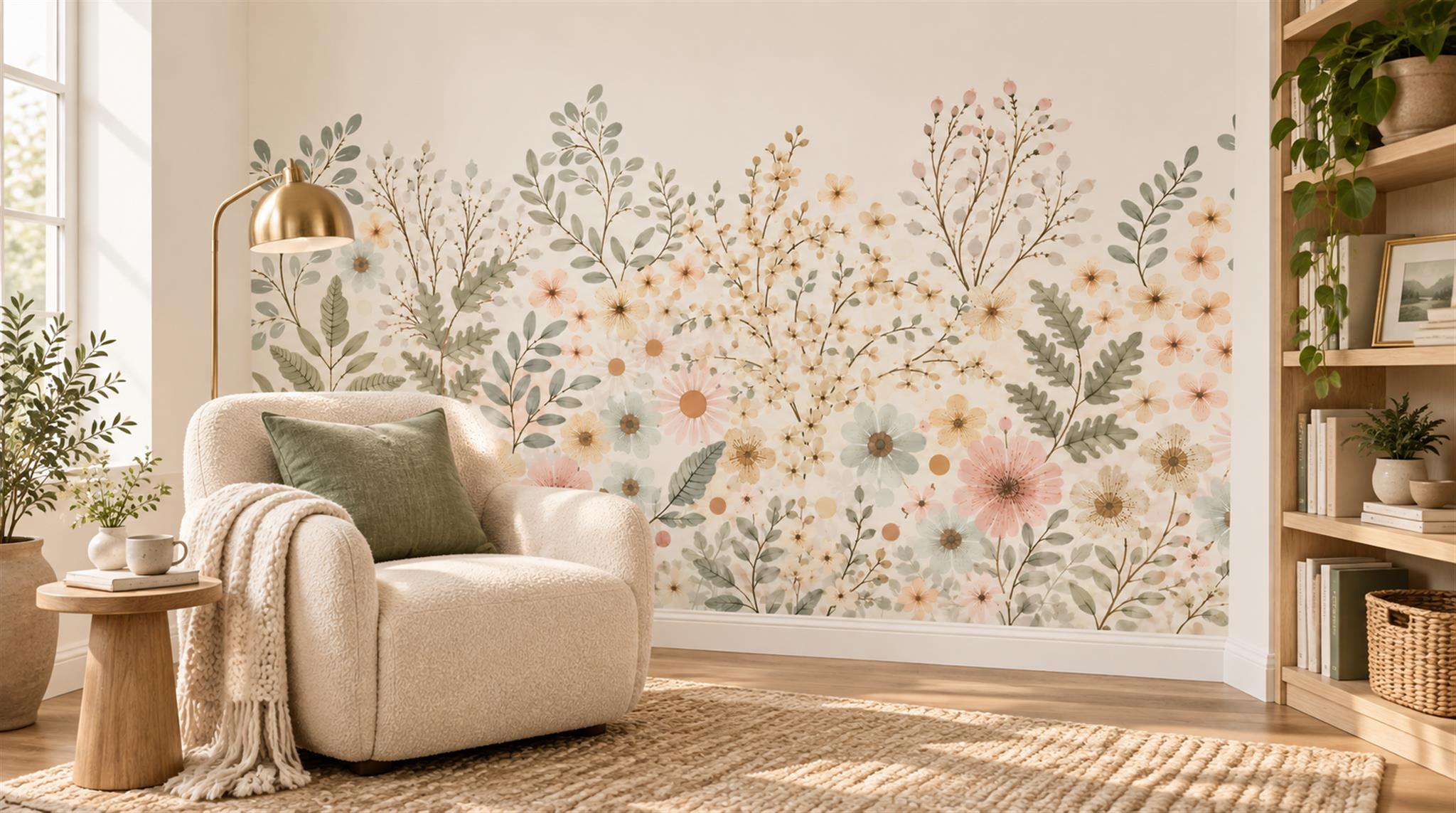 Ivory Floral Patterning Wallpaper Mural Scene
