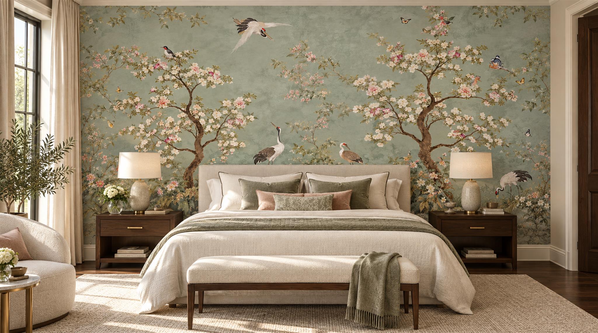 Sage Green Blossom Branches Wallpaper Mural Main