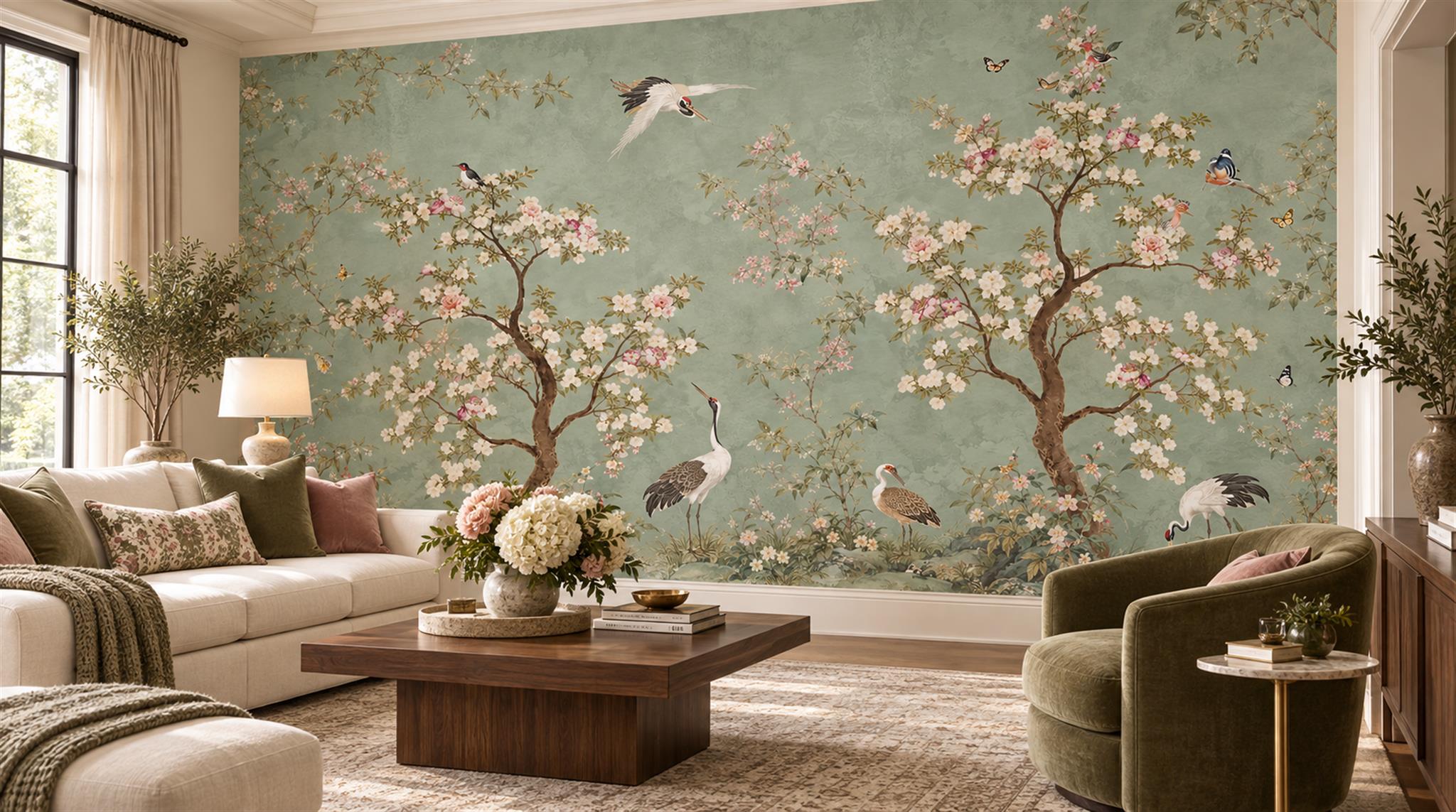 Sage Green Blossom Branches Wallpaper Mural Scene