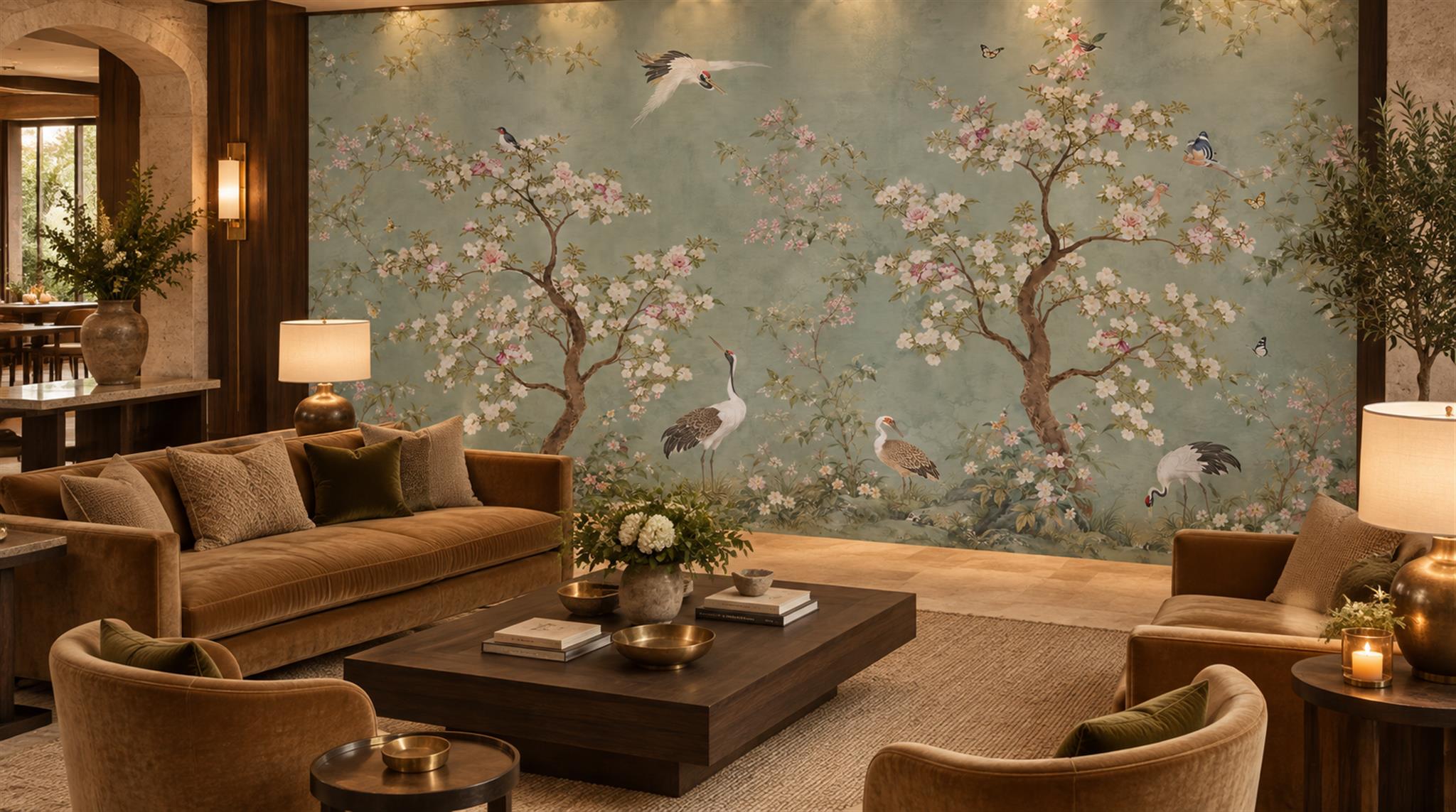 Sage Green Blossom Branches Wallpaper Mural Scene