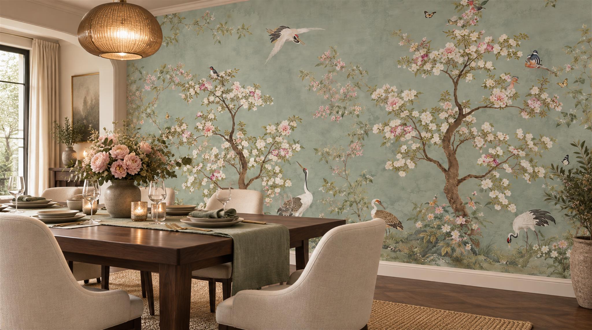 Sage Green Blossom Branches Wallpaper Mural Scene