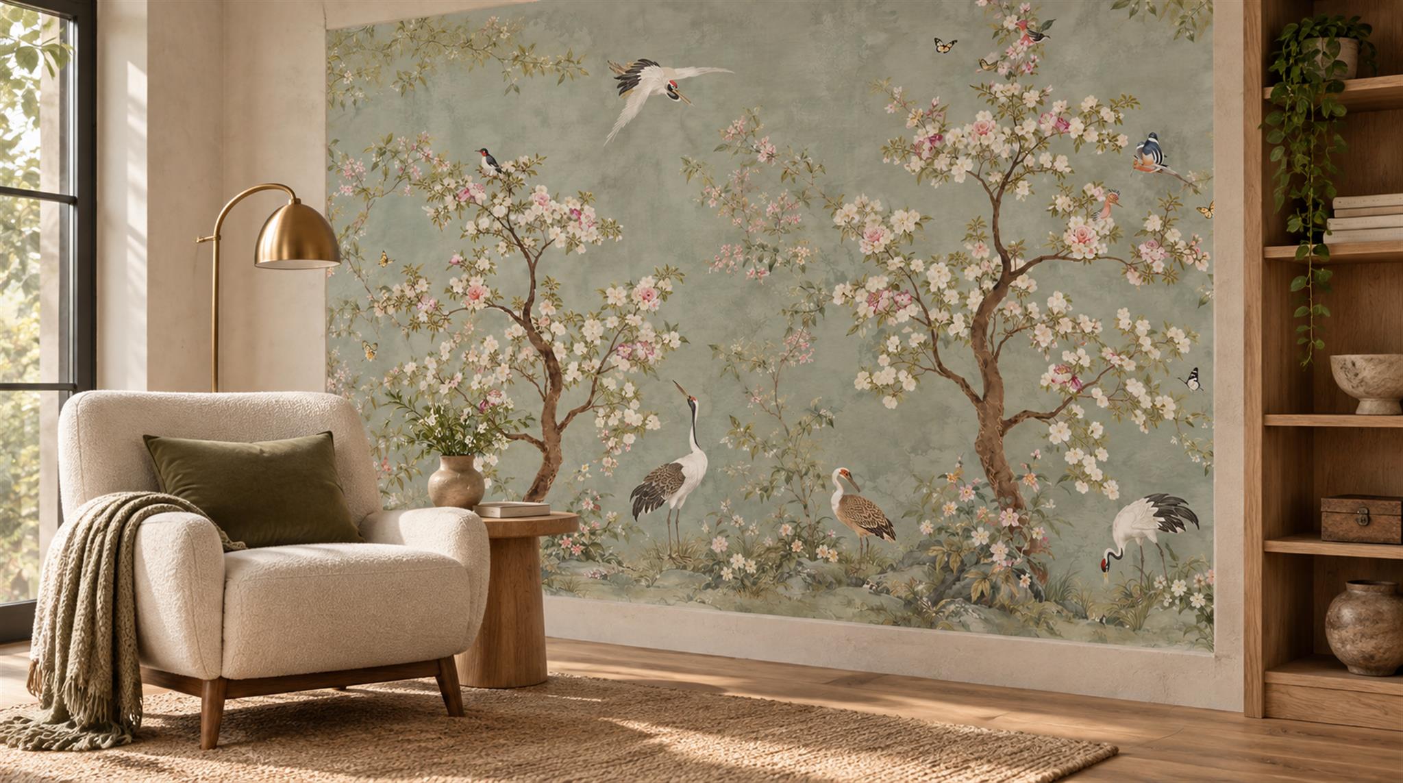 Sage Green Blossom Branches Wallpaper Mural Scene