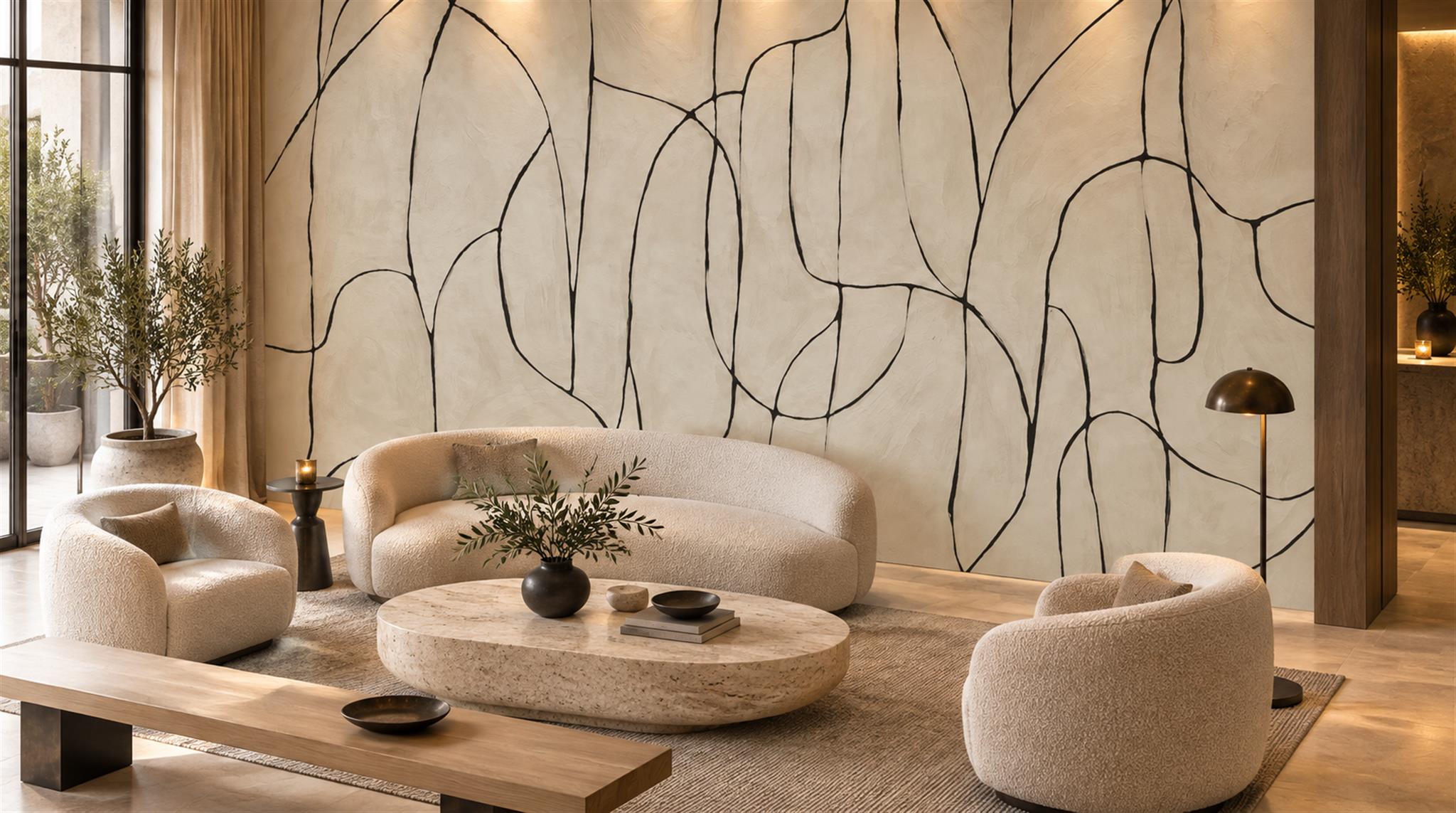 Ivory Linear Geometry Wallpaper Mural Scene
