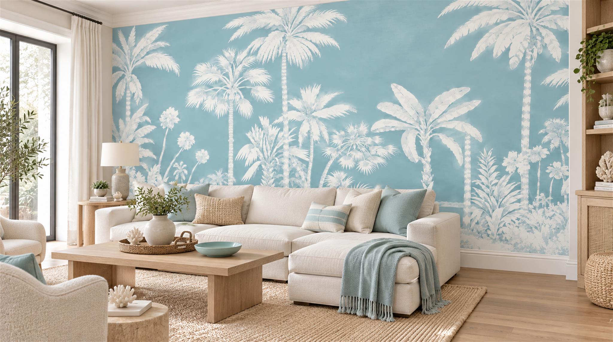 Blue Palm Leaves Wallpaper Mural Scene