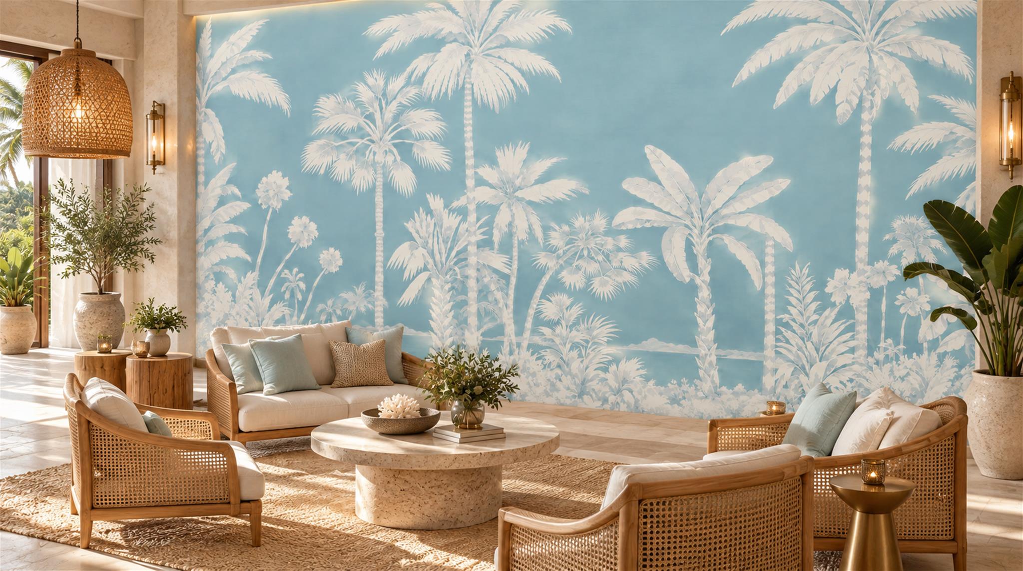 Blue Palm Leaves Wallpaper Mural Scene