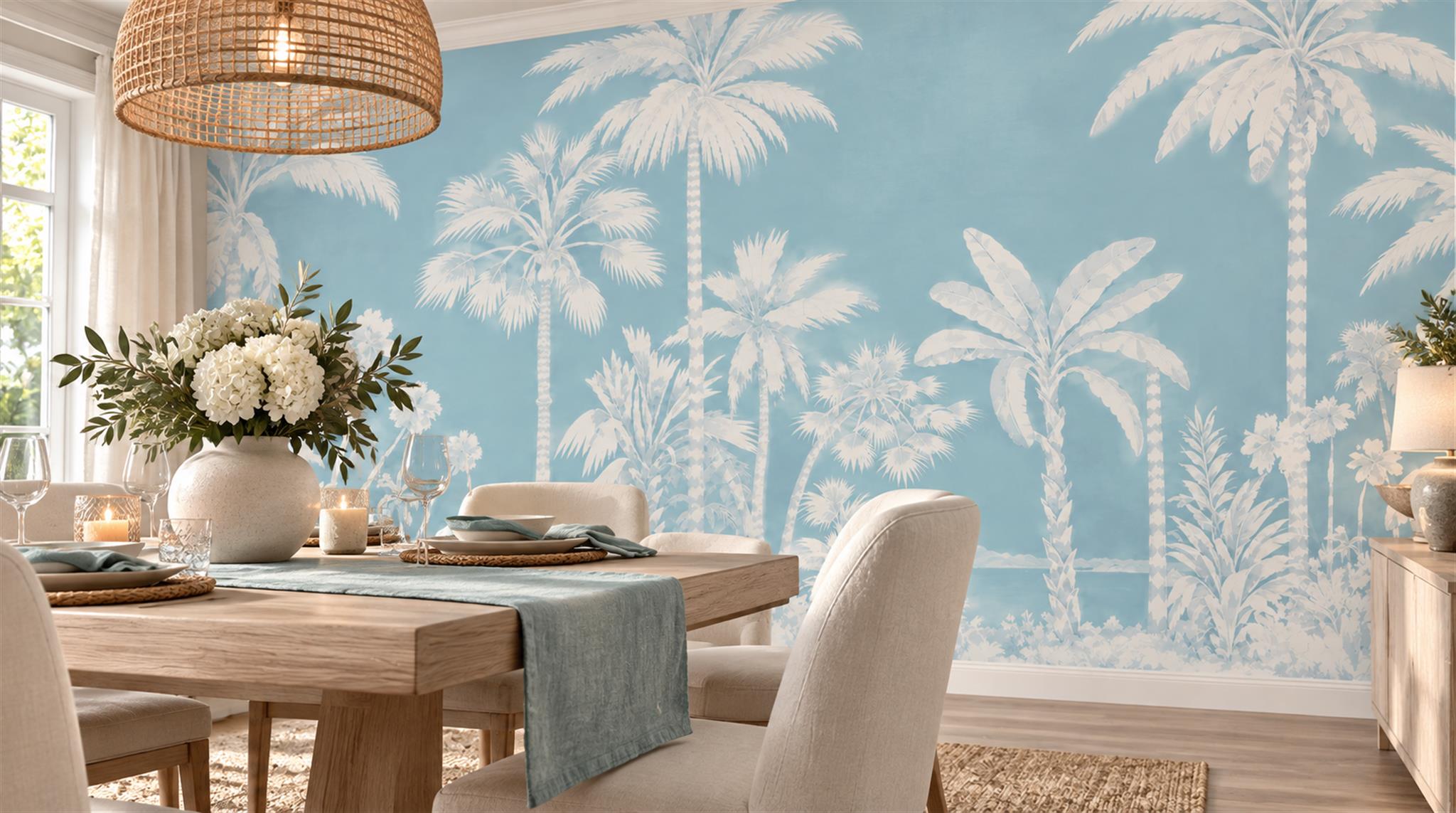 Blue Palm Leaves Wallpaper Mural Scene