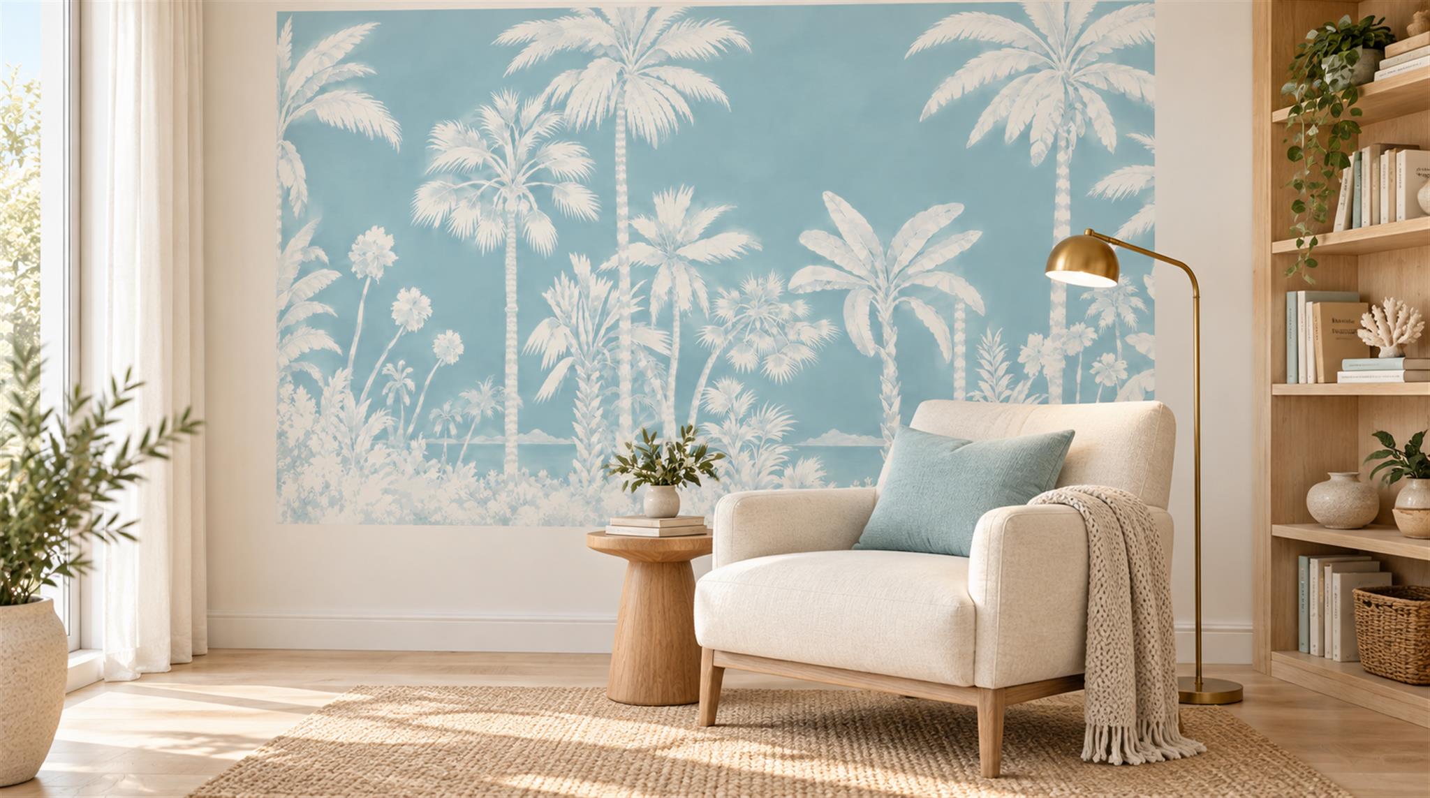 Blue Palm Leaves Wallpaper Mural Scene