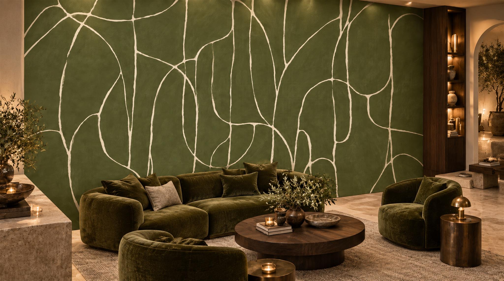 Olive Linear Geometry Wallpaper Mural Scene