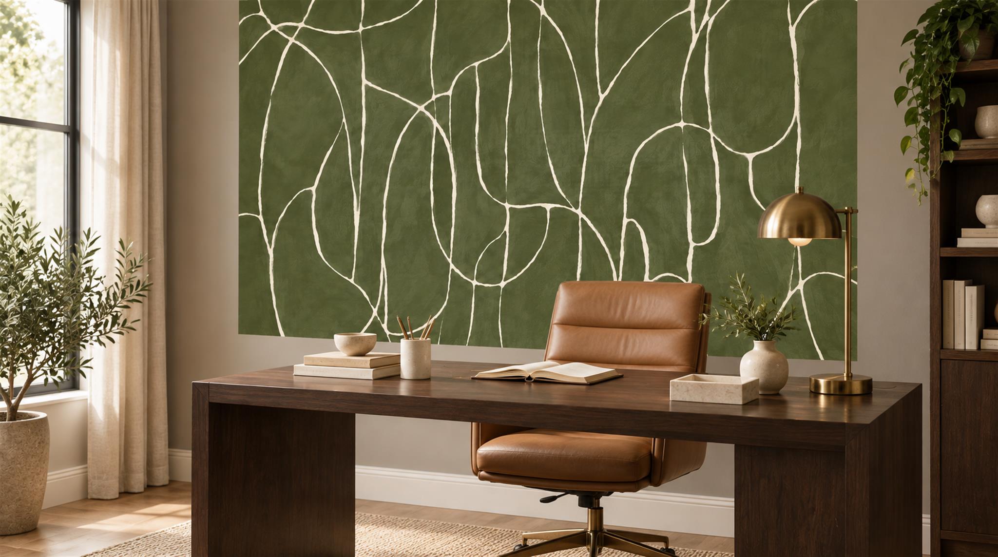 Olive Linear Geometry Wallpaper Mural Scene