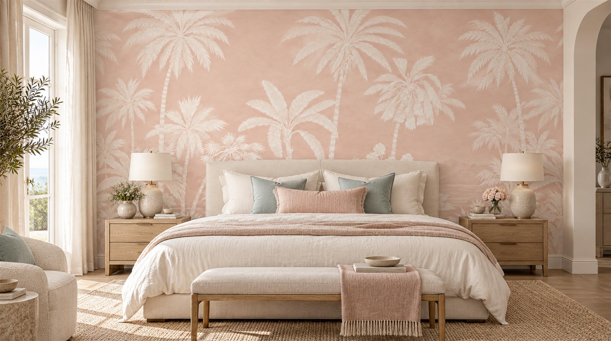 Pink Palm Leaves Wallpaper Mural Main