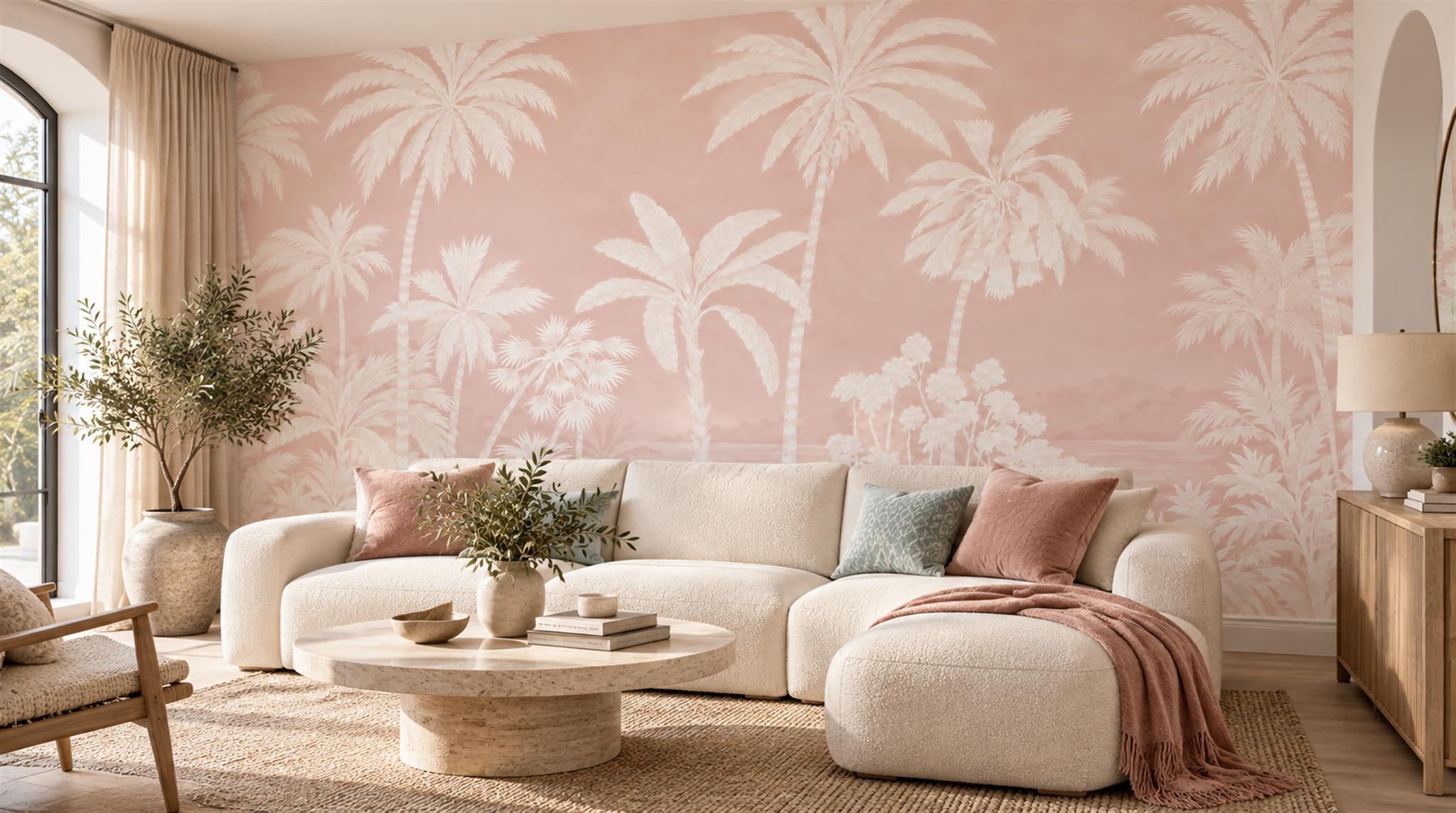 Pink Palm Leaves Wallpaper Mural Scene