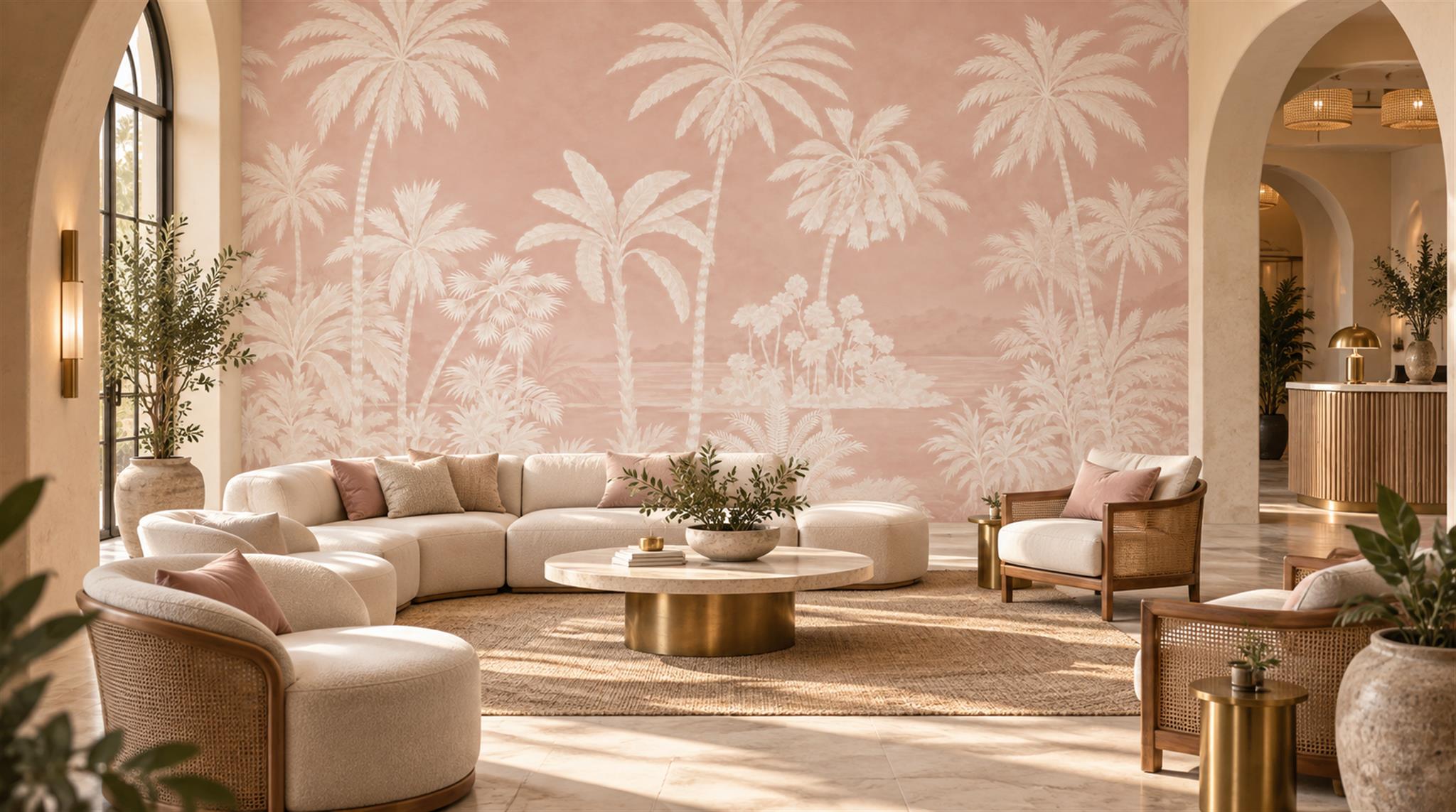 Pink Palm Leaves Wallpaper Mural Scene