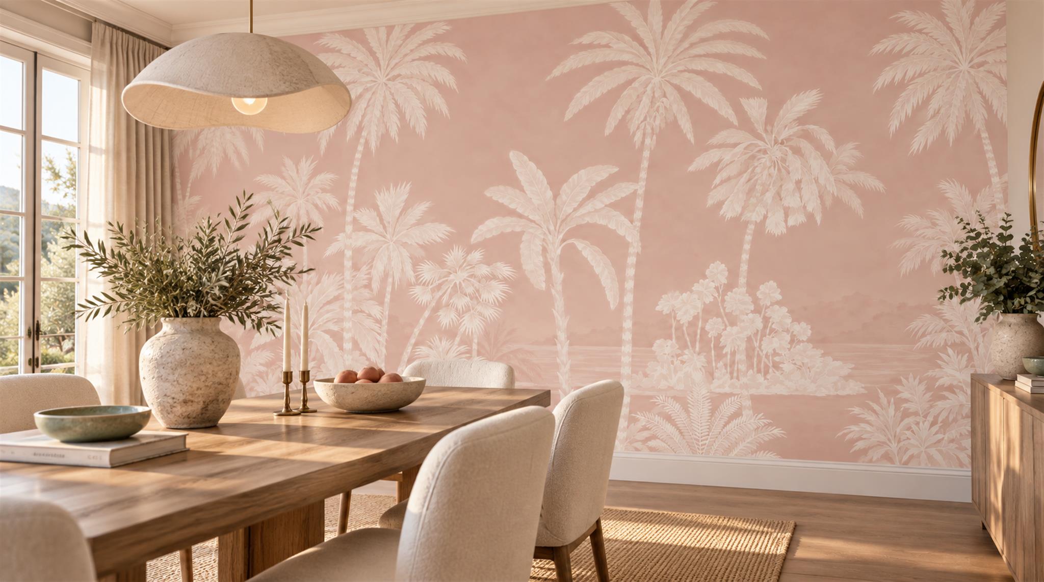 Pink Palm Leaves Wallpaper Mural Scene