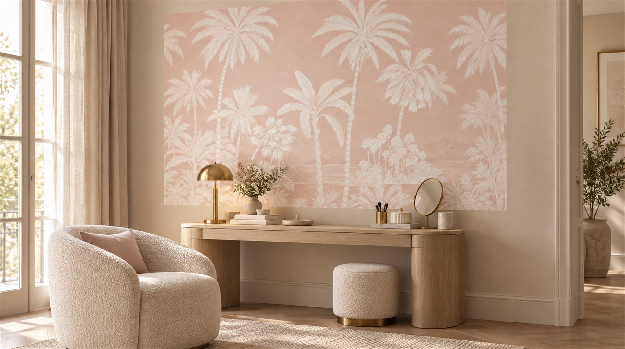 Pink Palm Leaves Wallpaper Mural Scene