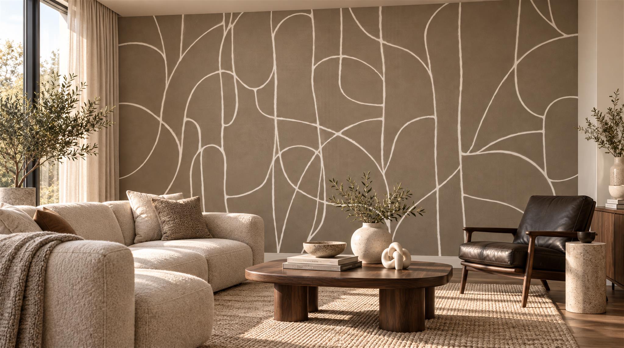 Taupe Linear Geometry Wallpaper Mural Scene