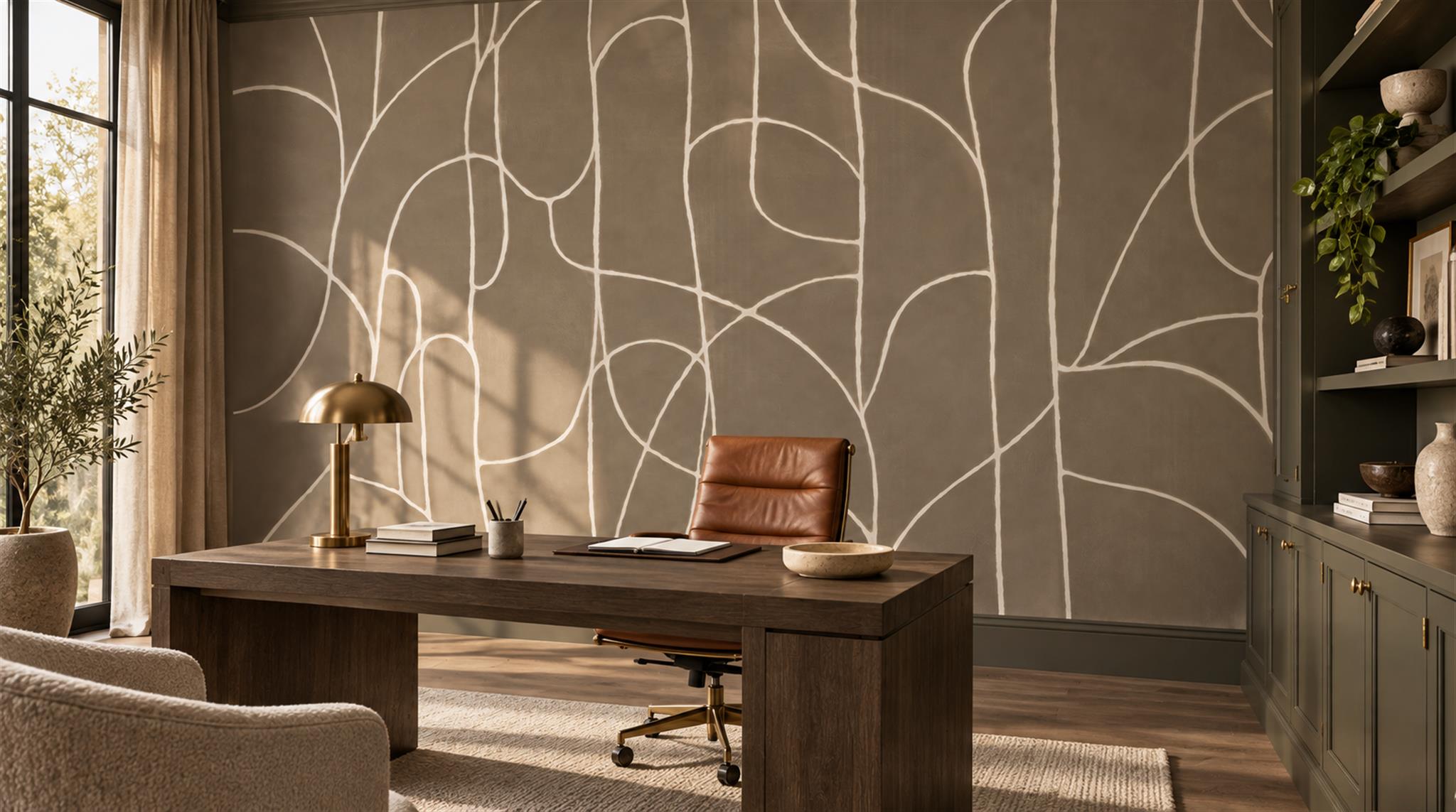 Taupe Linear Geometry Wallpaper Mural Scene