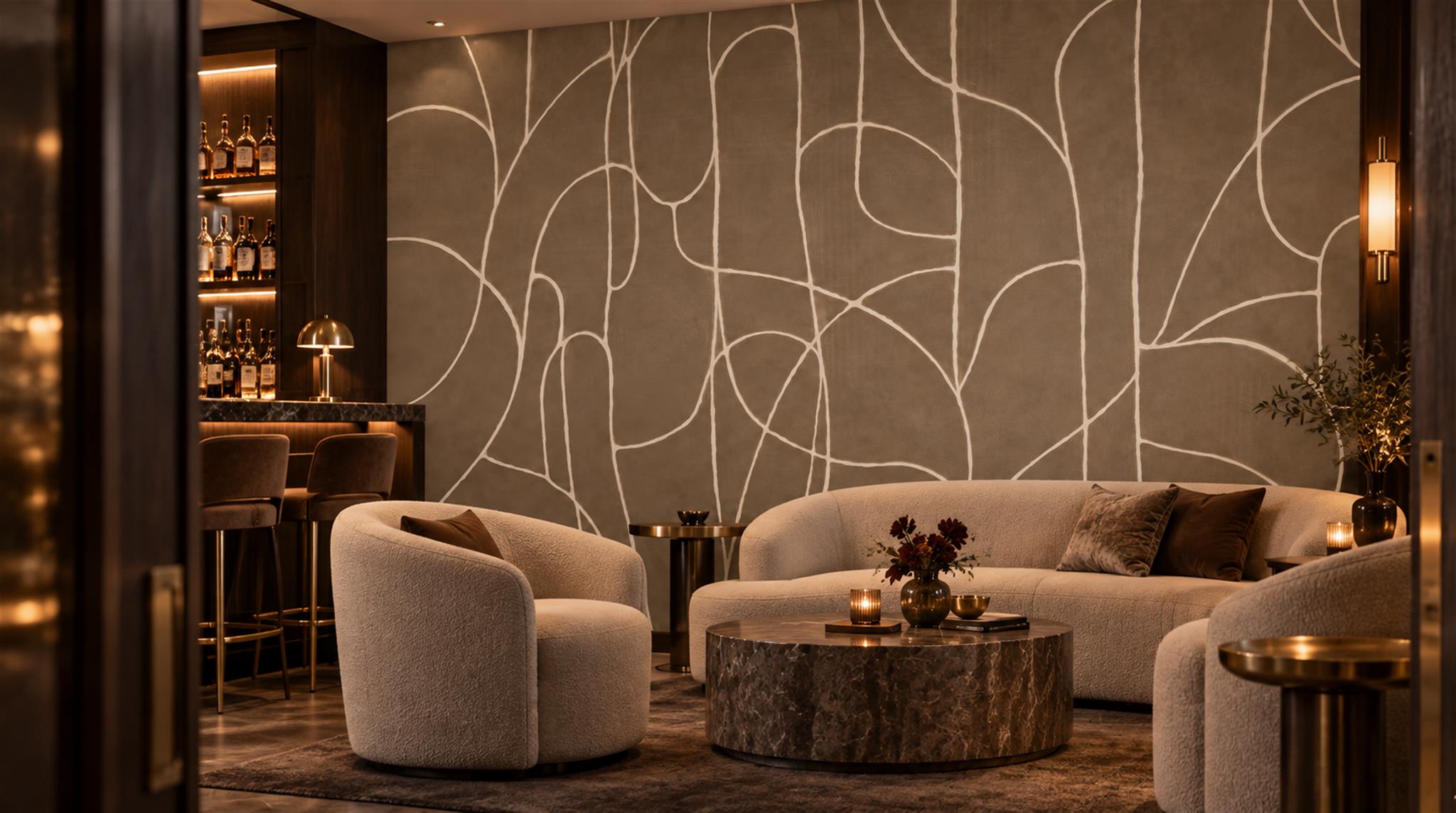 Taupe Linear Geometry Wallpaper Mural Scene