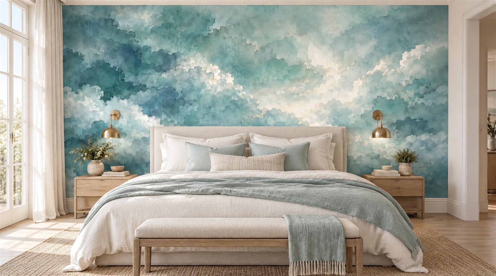 Teal Soft Cloudscape Wallpaper Mural Main