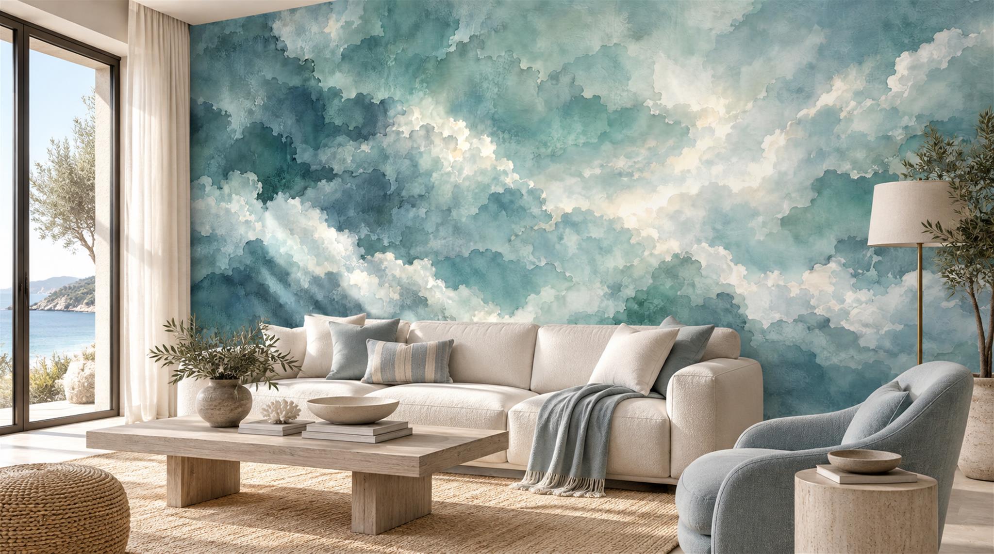 Teal Soft Cloudscape Wallpaper Mural Scene