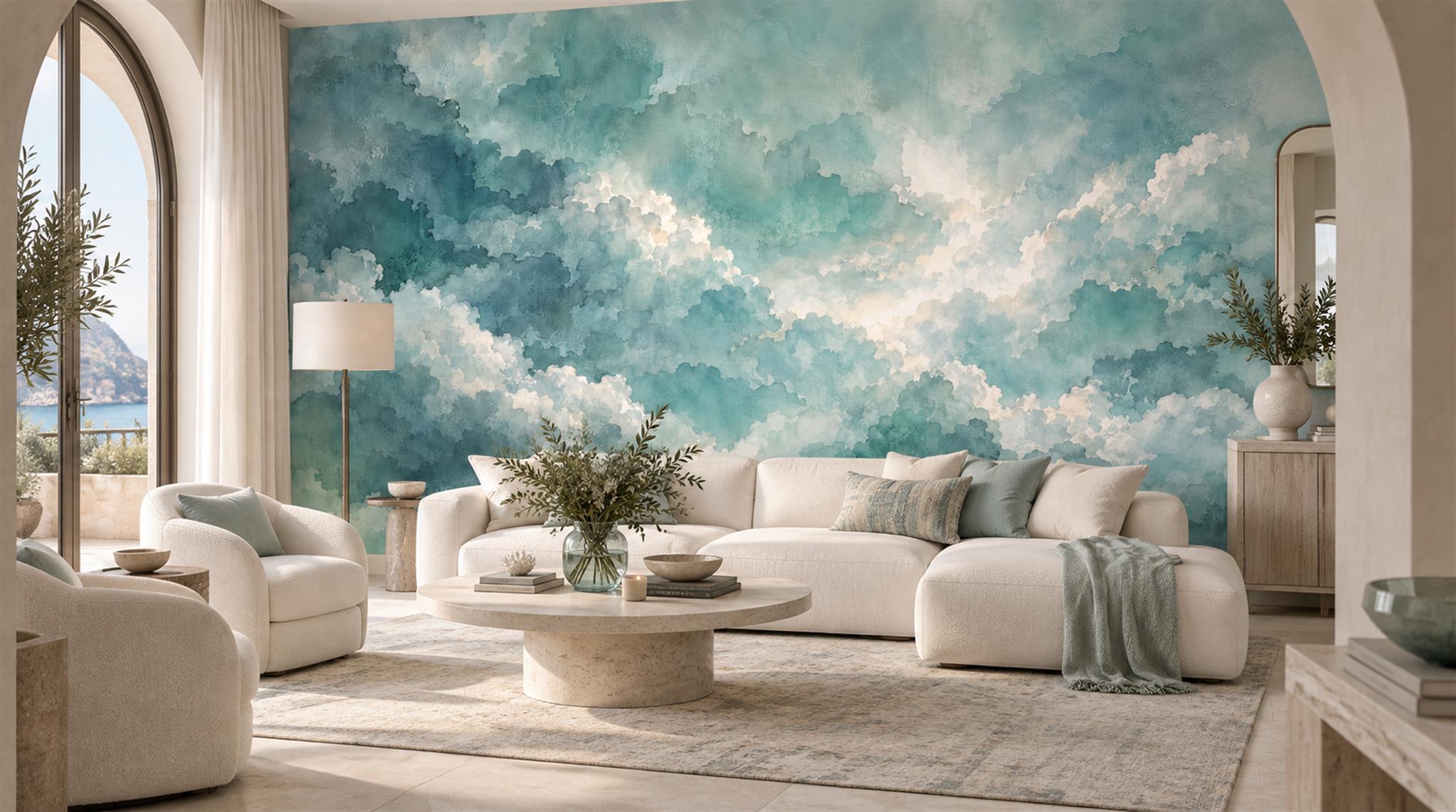 Teal Soft Cloudscape Wallpaper Mural Scene