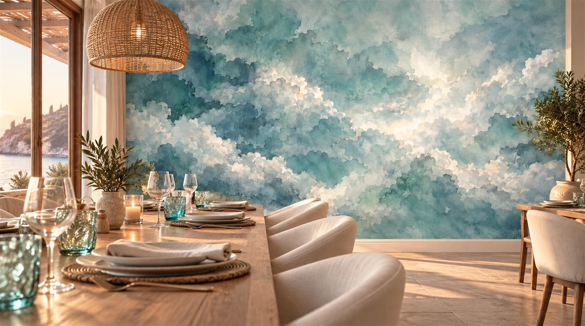 Teal Soft Cloudscape Wallpaper Mural Scene