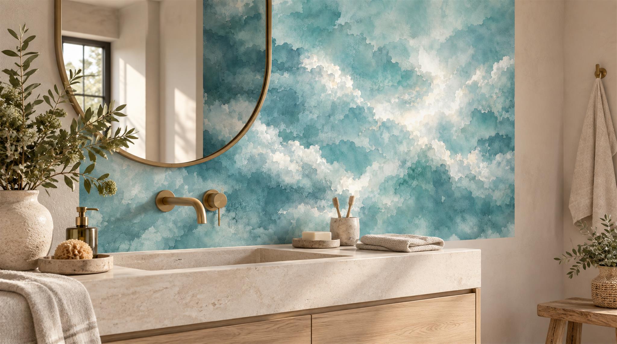 Teal Soft Cloudscape Wallpaper Mural Scene