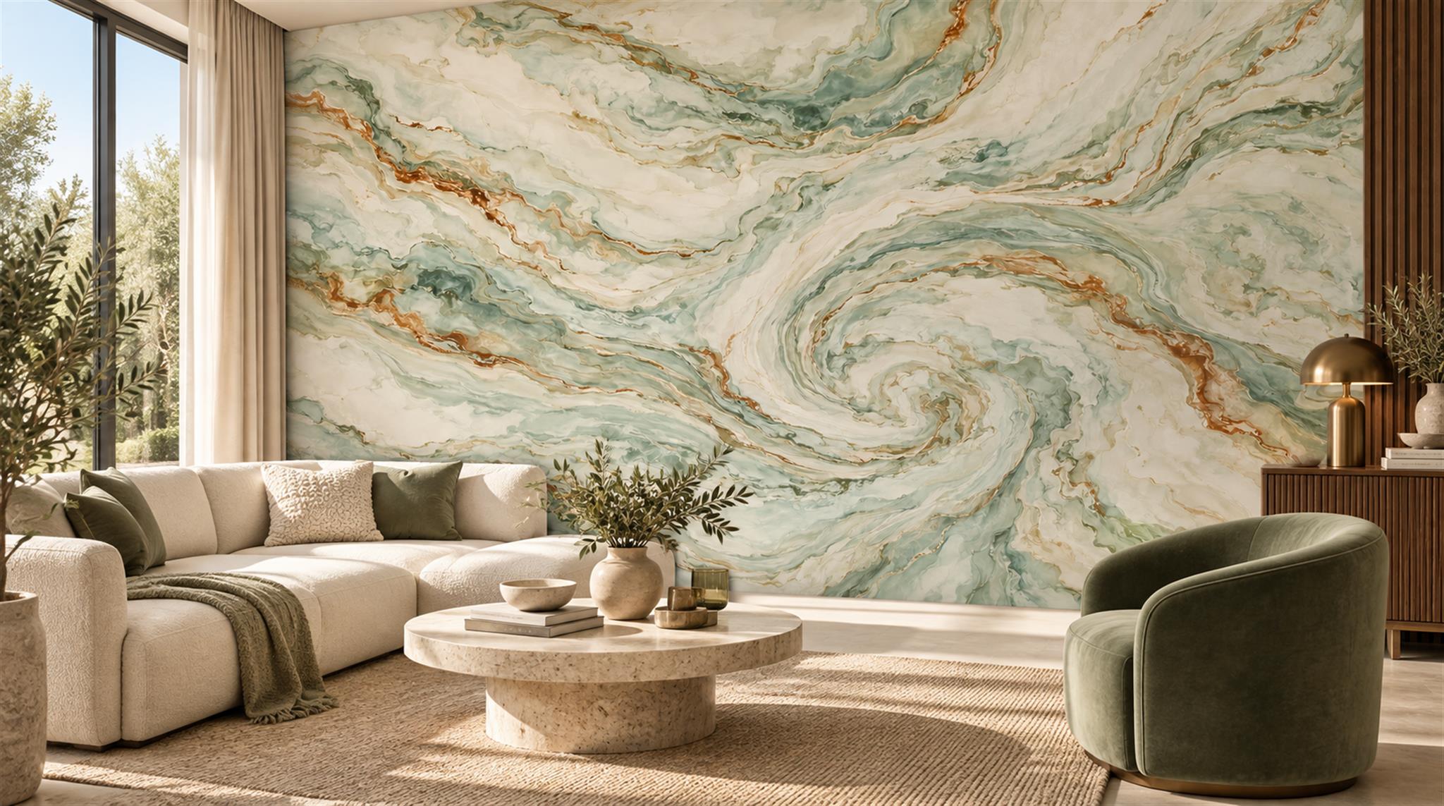 Sage Green Marble Veining Wallpaper Mural Scene