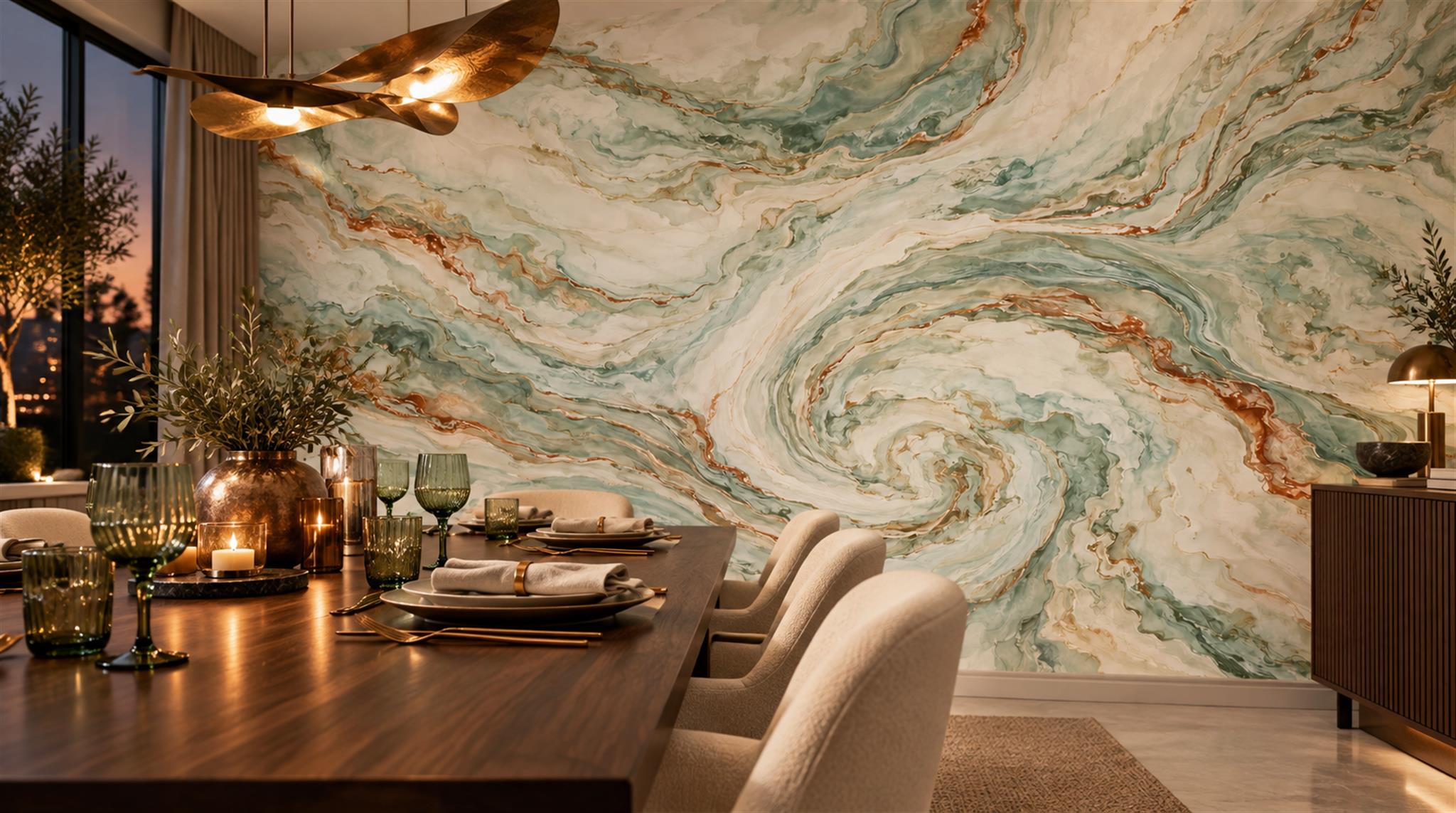 Sage Green Marble Veining Wallpaper Mural Scene