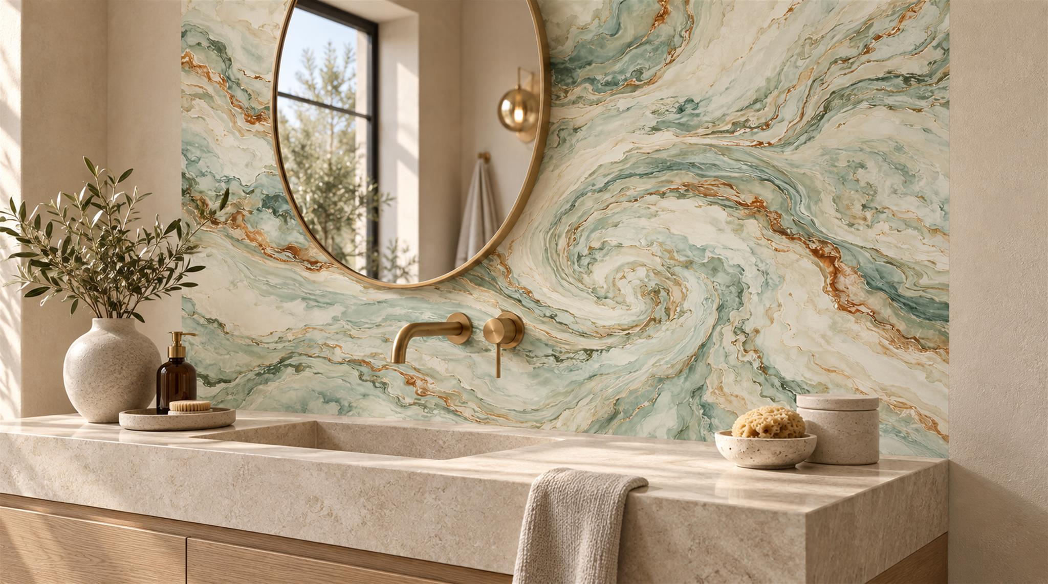 Sage Green Marble Veining Wallpaper Mural Scene