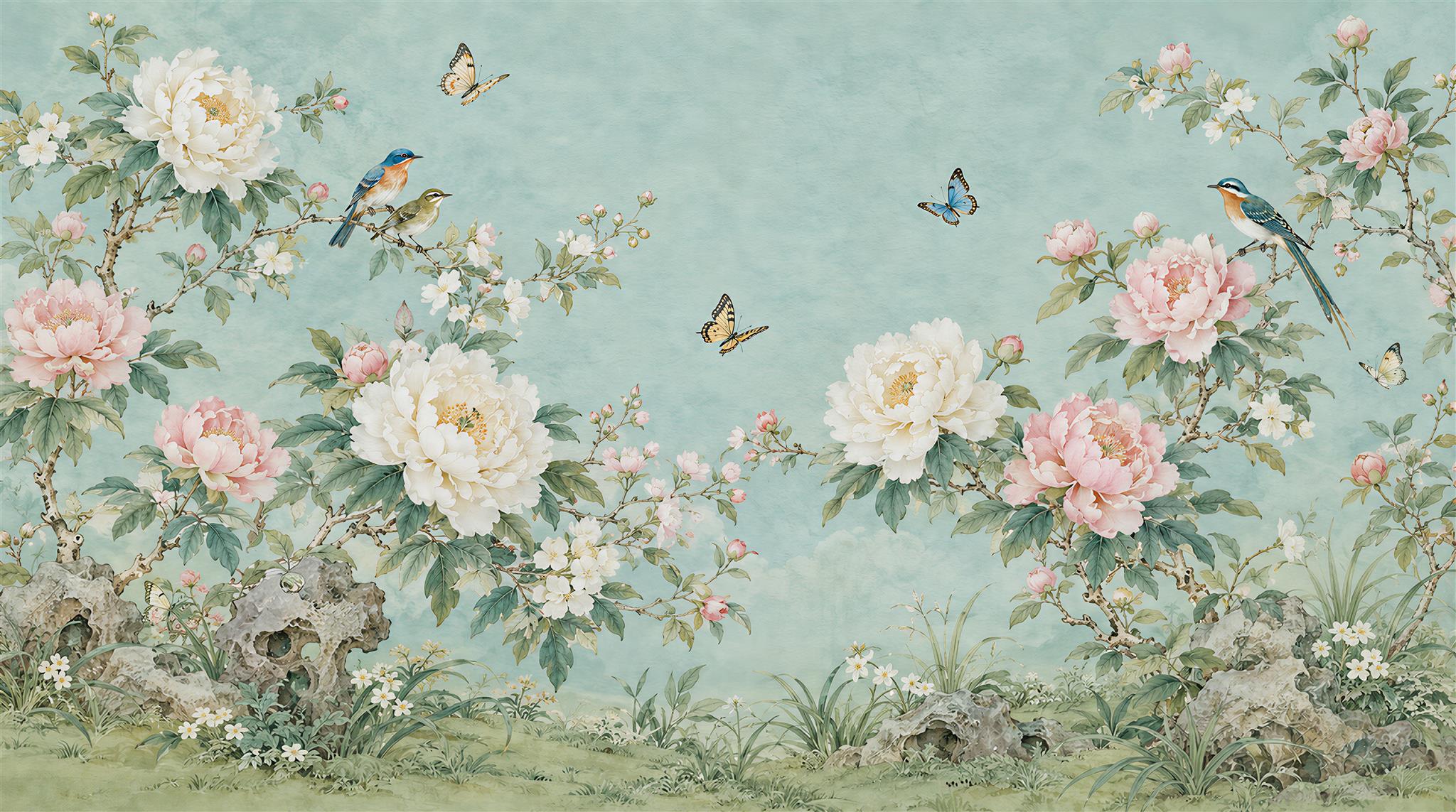 Teal Floral Foliage Wallpaper Mural Main