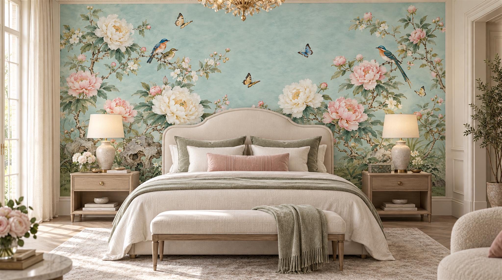 Teal Floral Foliage Wallpaper Mural Main
