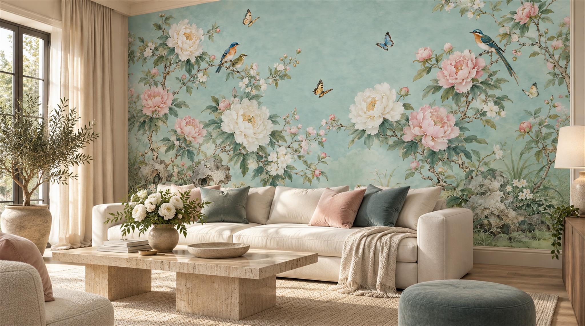 Teal Floral Foliage Wallpaper Mural Scene