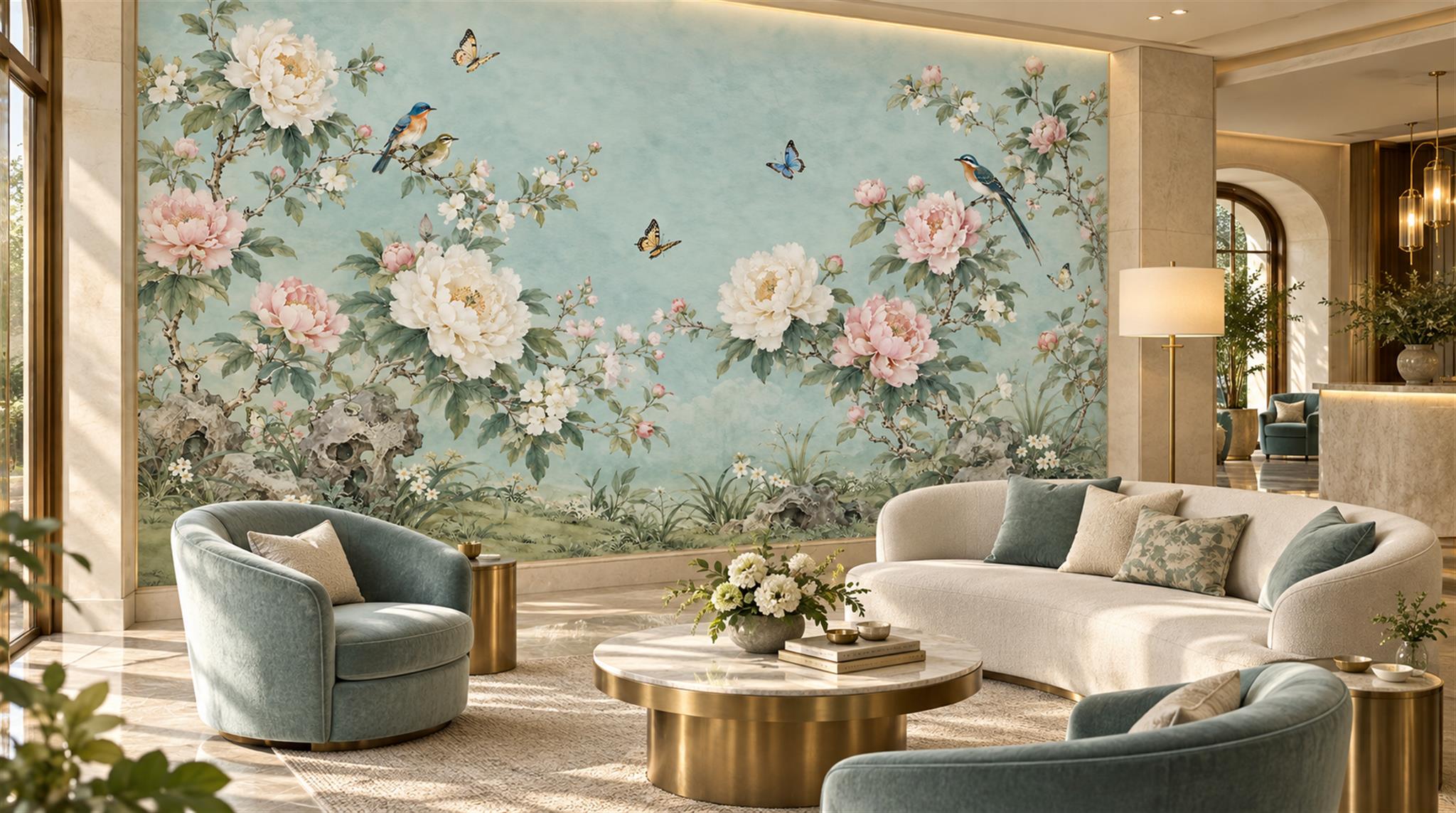 Teal Floral Foliage Wallpaper Mural Scene