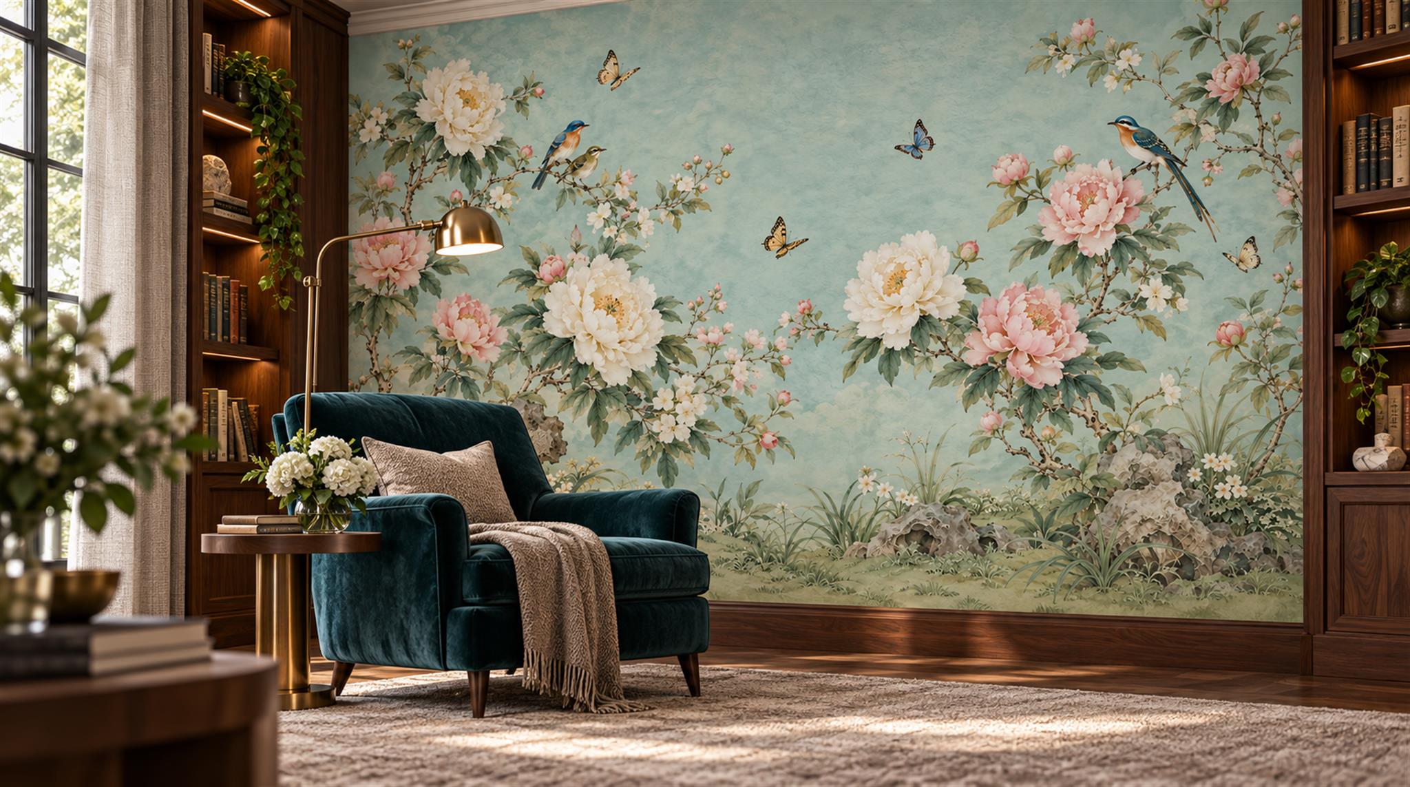 Teal Floral Foliage Wallpaper Mural Scene