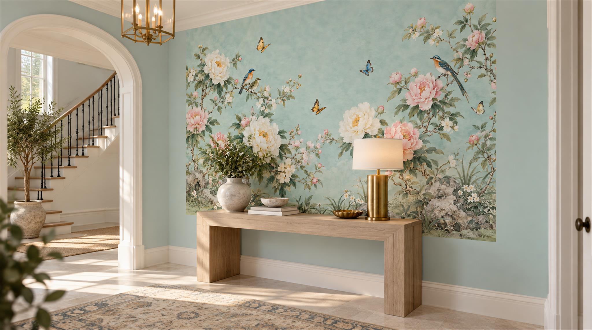 Teal Floral Foliage Wallpaper Mural Scene