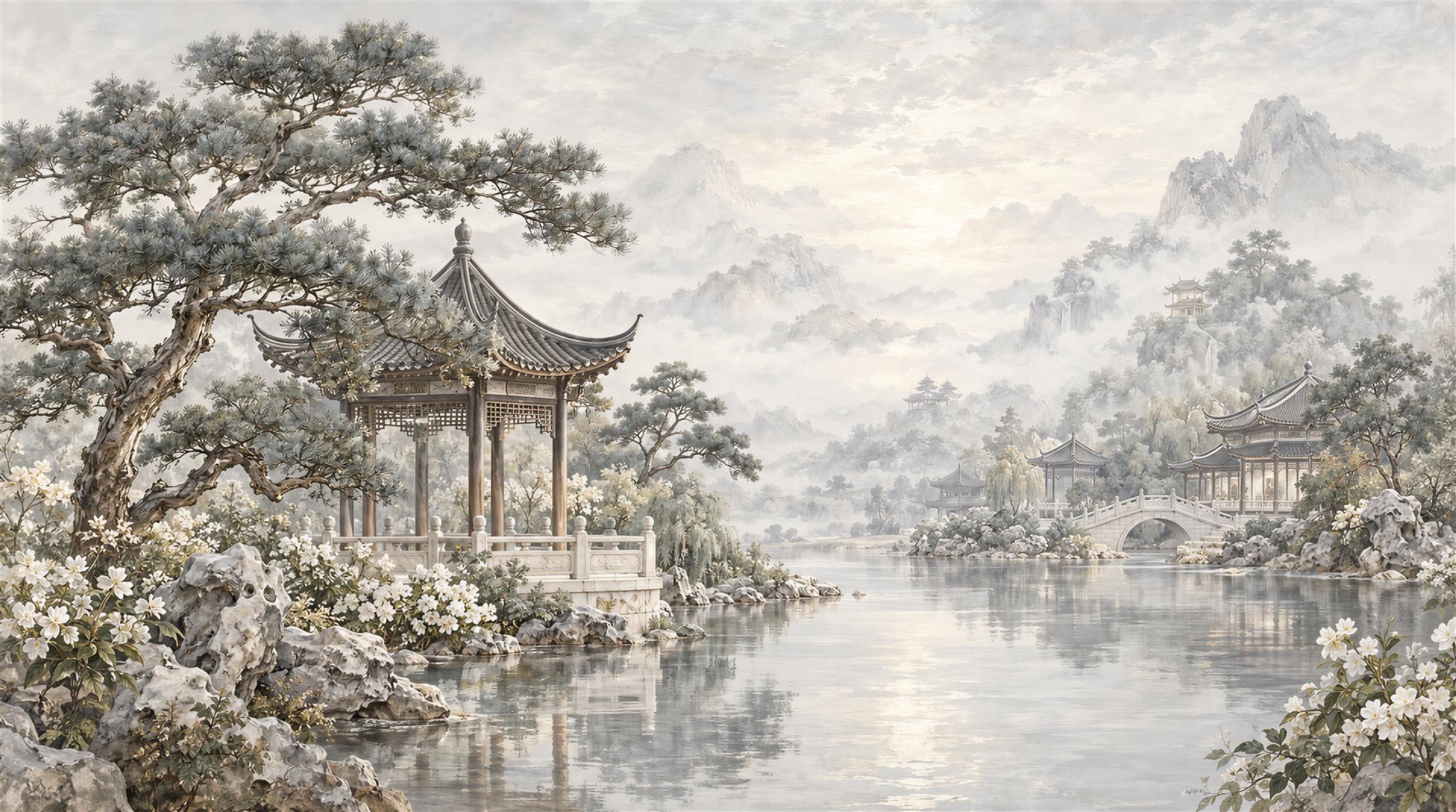 Grey Pagoda Architecture Wallpaper Mural Scene