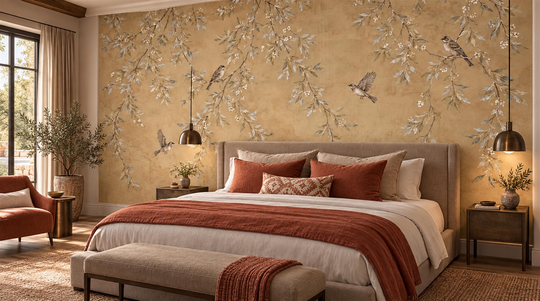 Beige Blossom Branches Wallpaper Mural Scene