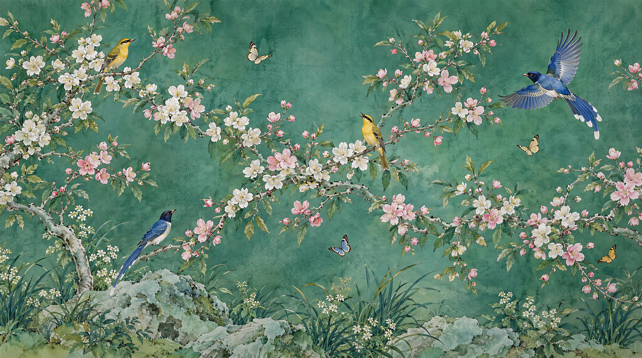 Teal Floral Foliage Wallpaper Mural Main