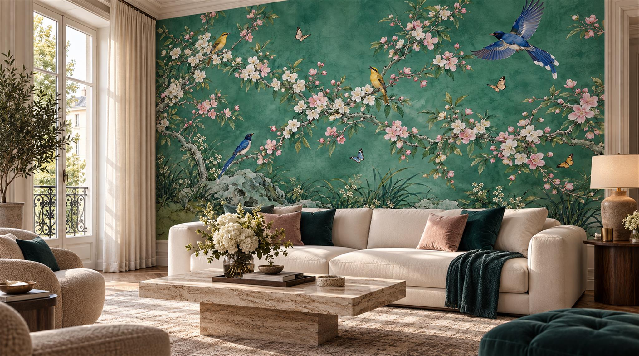 Teal Floral Foliage Wallpaper Mural Scene
