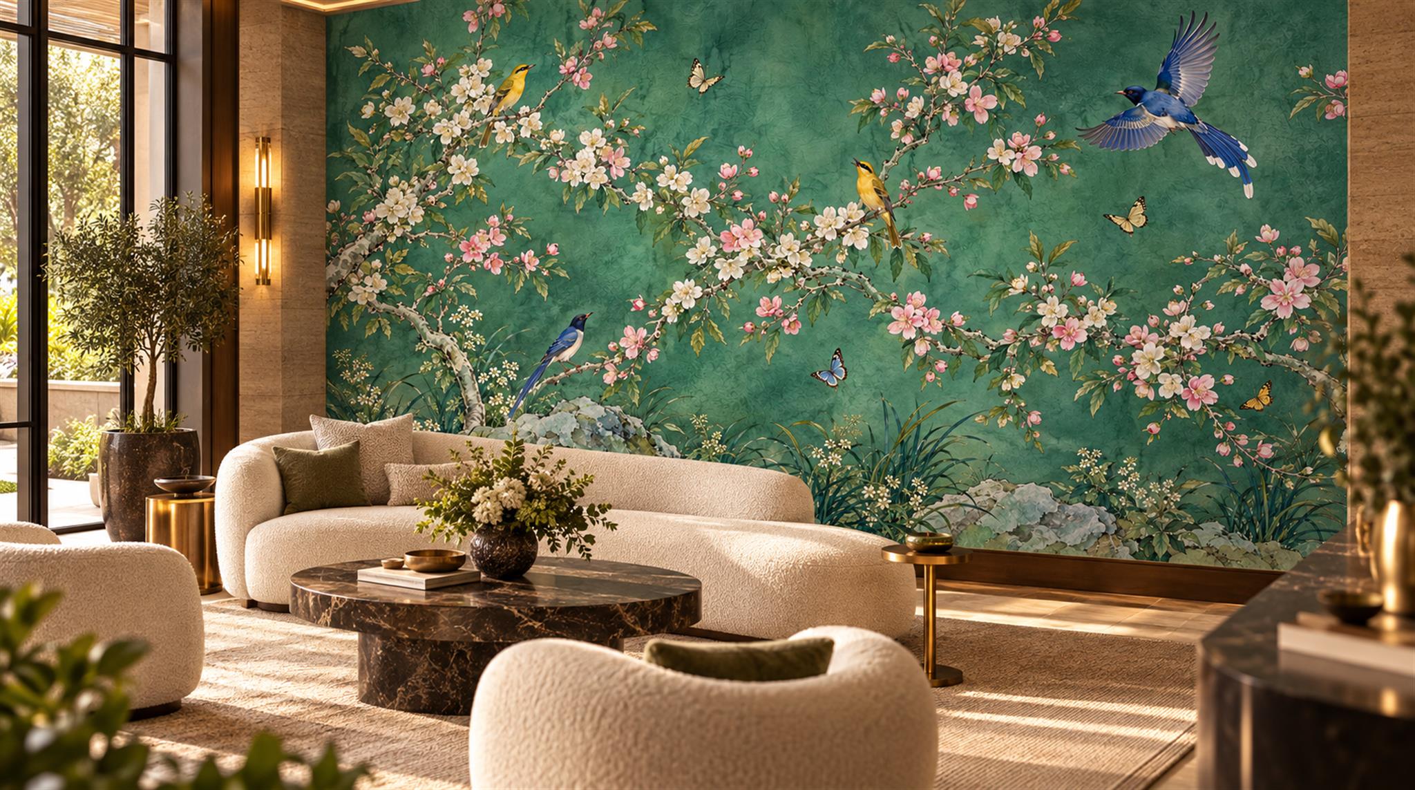 Teal Floral Foliage Wallpaper Mural Scene