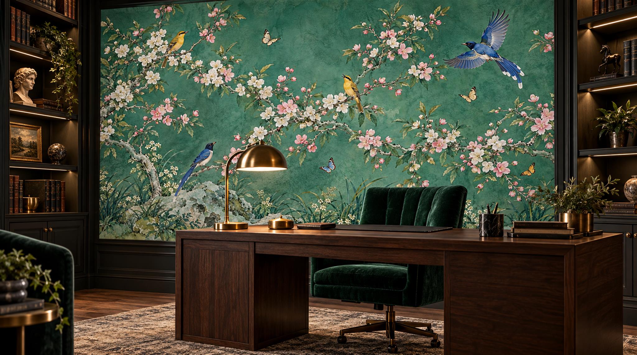 Teal Floral Foliage Wallpaper Mural Scene