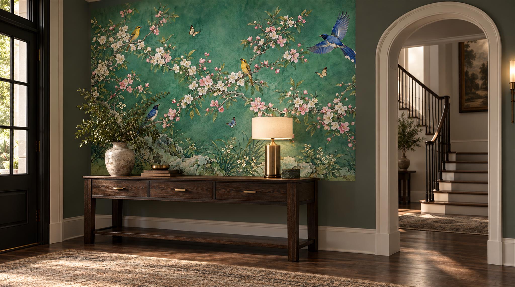 Teal Floral Foliage Wallpaper Mural Scene
