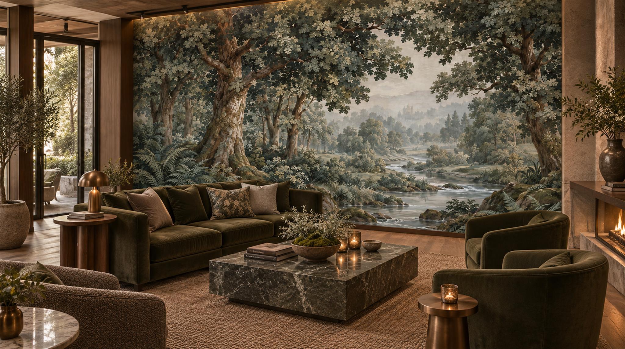 Teal Woodland Trees Wallpaper Mural Scene