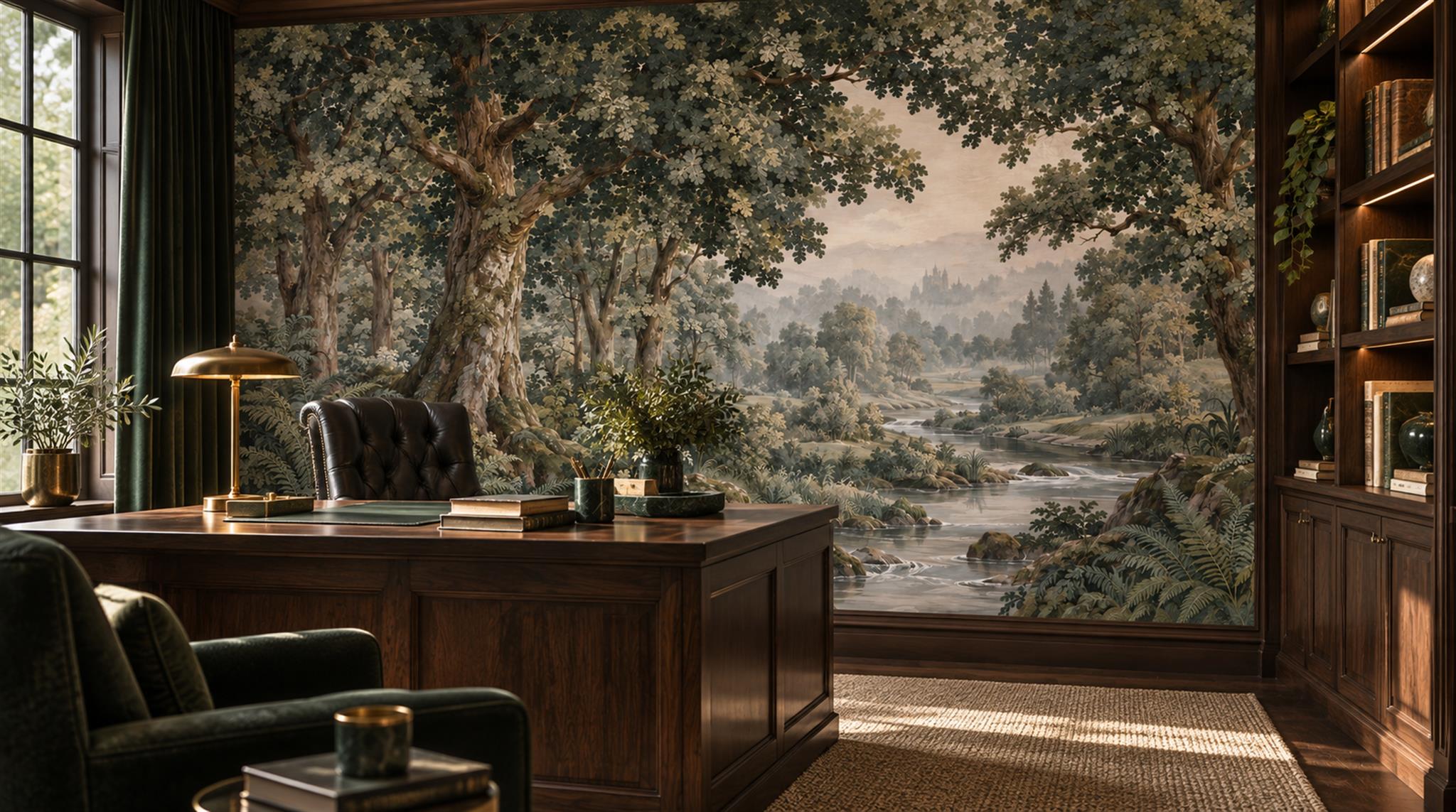 Teal Woodland Trees Wallpaper Mural Scene