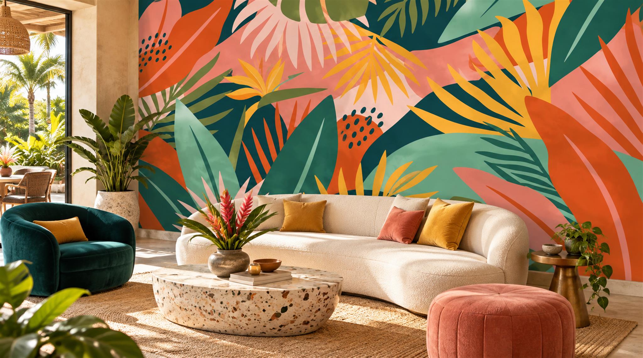 Neutral Tropical Foliage Wallpaper Mural Scene